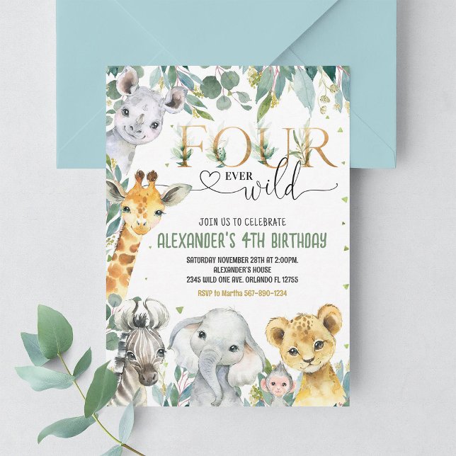 Convites Menino Quatro Animais da Selva Dourada selvagem An (Criador carregado)