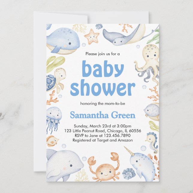 Convites Menino sob o Chá de fraldas do mar (Frente)