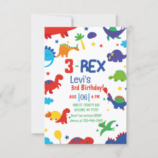 Convites menino Três Rex 3rd Dinosaur Aniversário