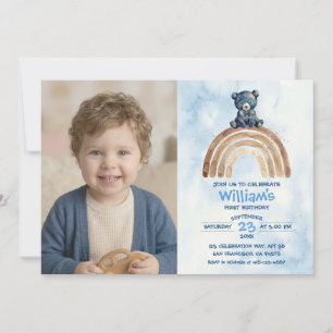 Convites Menino Urso Aquarela Aniversário Boho Arco-íris Az
