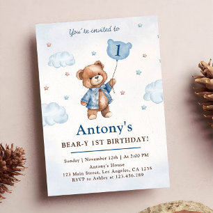 Convites Menino Urso de Pelúcia Azul Balões Primeiro Aniver