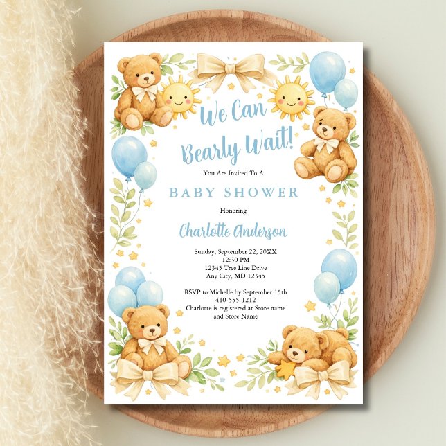 Convites Menino Urso de Pelúcia Mal Podemos Esperar Chá de  (Boys Teddy Bear We Can Bearly Wait, Blue Balloons, Coquette Bows, Baby Shower invitation. )