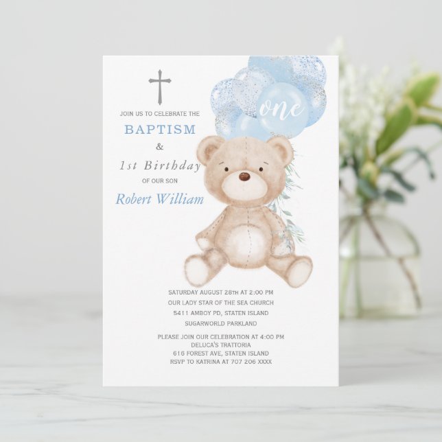 Convites Menino Urso Primeiro Aniversário e Batismo (Em pé/Frente)