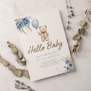 Convites Menino Urso Teddy Boho Azul Quase Esperando Bebê