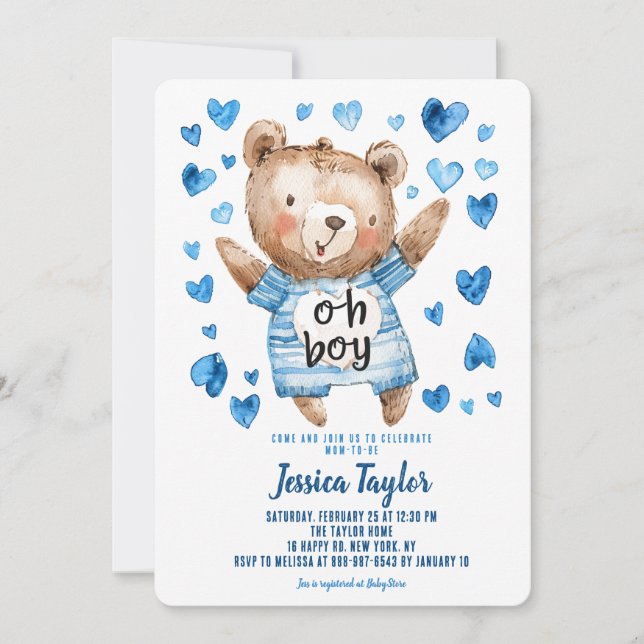 Convites Menino Urso Teddy Coração Azul Chá de Bebê Menino (Frente)