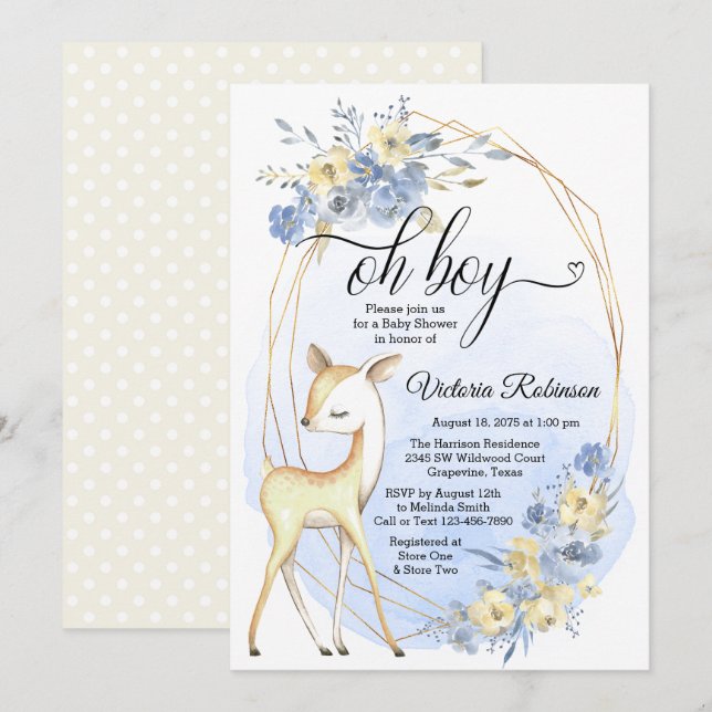 Convites Menino Veado Oh Menino Chá de fraldas Azul (Frente/Verso)