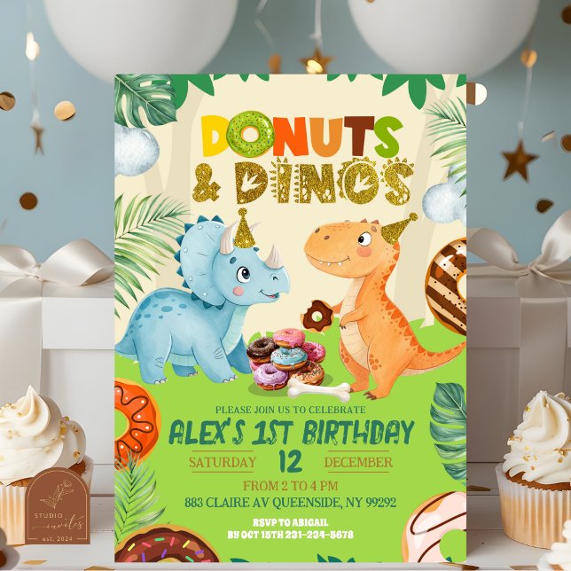 Convites Menino Verde Donuts & Dinos Tema de Dinossauro Fes (Criador carregado)