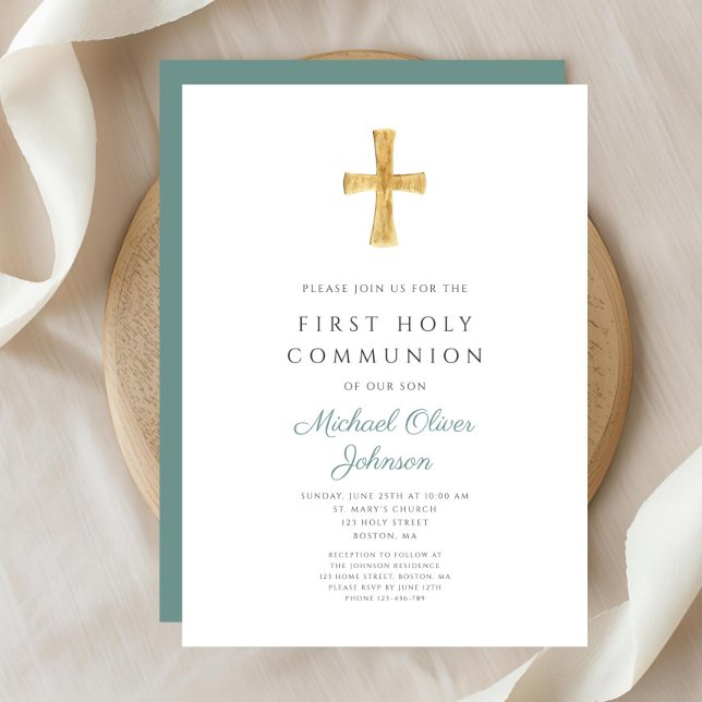 Convites Menino Verde Moderno Primeira Comunhão Sagrada (Modern Green Cross Boy First Holy Communion Invitation )