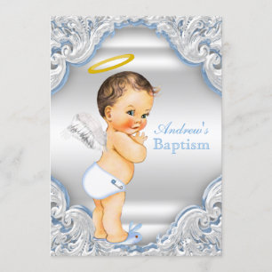 Convites Meninos Anjo Azul Branco Menino Bebê Batismo