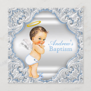 Convites Meninos Anjo Batismo Menino Bebê Azul Branco