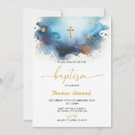 Convites Meninos Aquarela Azul Dourado Batismo