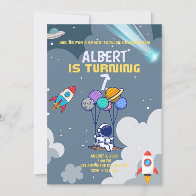 Convites Meninos Astronauta Moderno Cinza Aniversário Infan (Frente)