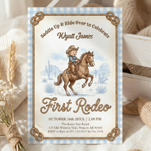 Convites Meninos Azul Xadrez Cowboy Primeiro Rodeio 1º Aniv
