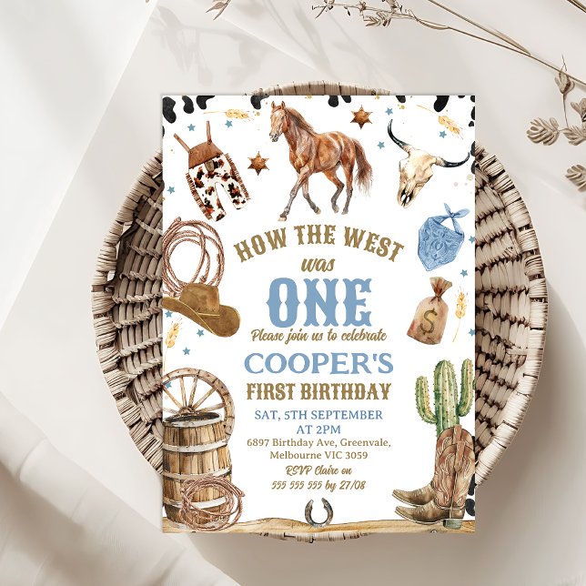 Convites Meninos Blue Brown Como O Ocidente Era Um primeiro (How the West Was One 1st Birthday Invitation Template Baby Boy, Cowboy Themed First Birthday Invite)
