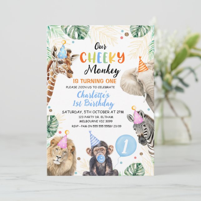 Convites Meninos Blue Hat Our Cheeky Monkey Birthday (Em pé/Frente)