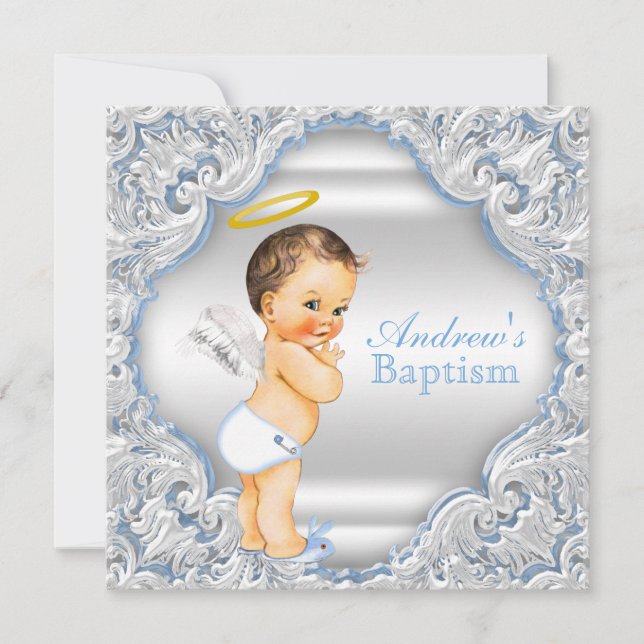 Convites Meninos Blue White Angel Boy Baby Baptism (Frente)