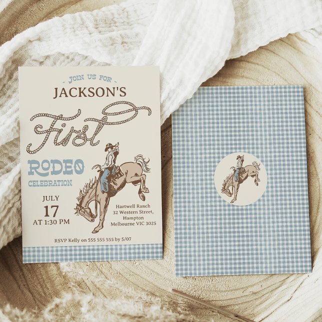 Convites Meninos Cinza azul Primeiro primeiro aniversario d (Blue Brown First Rodeo Birthday Invitation Boy, Buffalo Plaid, Rope text, Cowboy First Rodeo Invite)