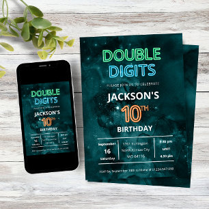 Convites Meninos de Dois Dígitos Neon Espaço 10º Aniversári
