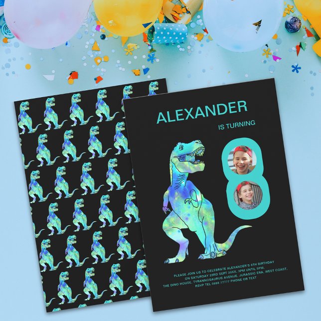 Convites Meninos Dinossauro T-Rex 8ª Festa de aniversário (T-Rex dino boys 8th birthday party photo invitation with color dinosaur teal green typography )