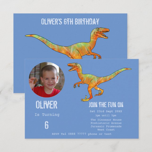 Convites Meninos Dinossauro Velociraptor Festa de Aniversár (Frente/Verso)