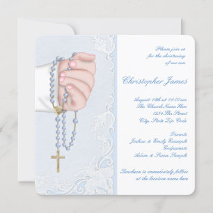 Convites Meninos Elegante Baby Blue Rosary Christening