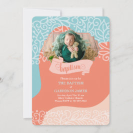 Convites Meninos em laranja e ondas azuis com batismo fotog