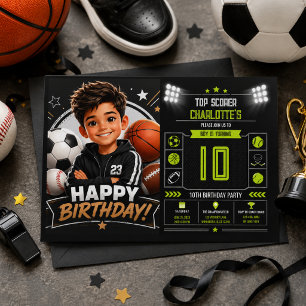 Convites Meninos Esportes Preto Moderno Aniversário de 10 a