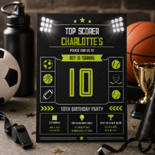 Convites Meninos Esportes Preto Moderno Aniversário de 10 a