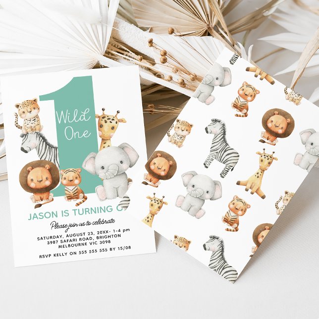Convites Meninos Modernos Selvagens Um primeiro aniversario (Wild one themed boys 1st birthday invitation with cute safari animals and large number.)