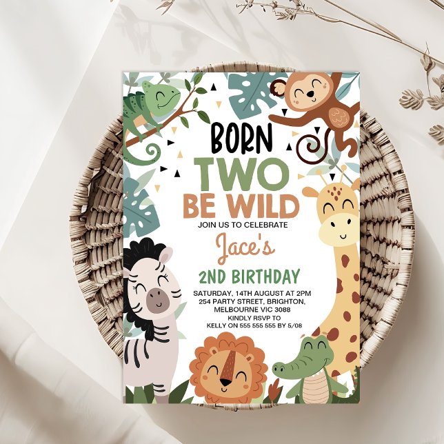 Convites Meninos Nascer Verde Marrom Dois Sejam segundo ani (Born Two Be Wild 2nd Birthday Invitation Template Boy, Safari Animals 2nd Birthday Invitation, )