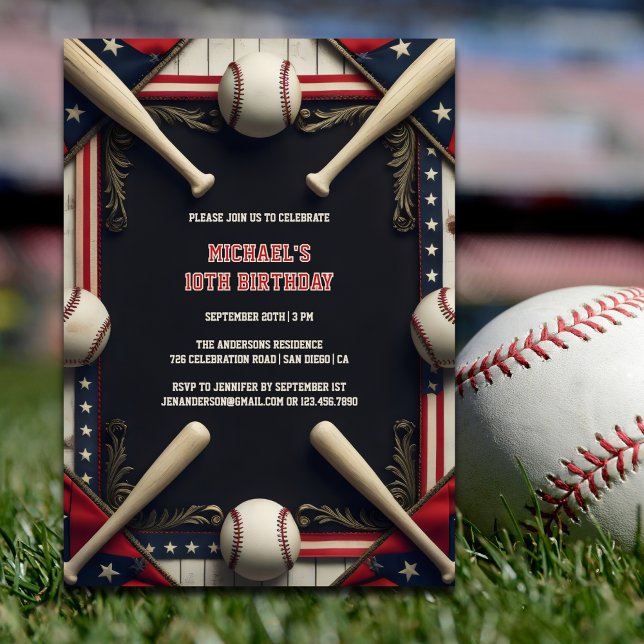 Convites Meninos Negros Modernos Desporvem Festa de anivers (Baseball Birthday Invitation – All-Star 10th Birthday Party for Kids Invitation)