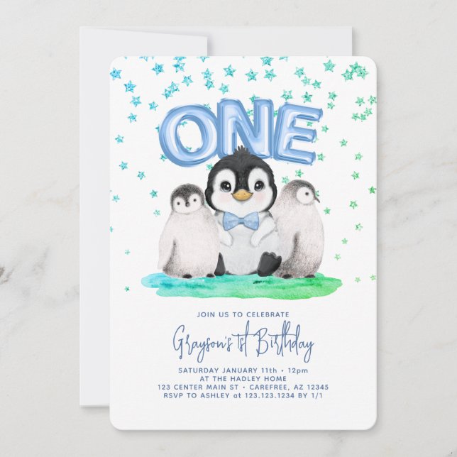 Convites Meninos Pinguins Fofos 1º Aniversário (Frente)