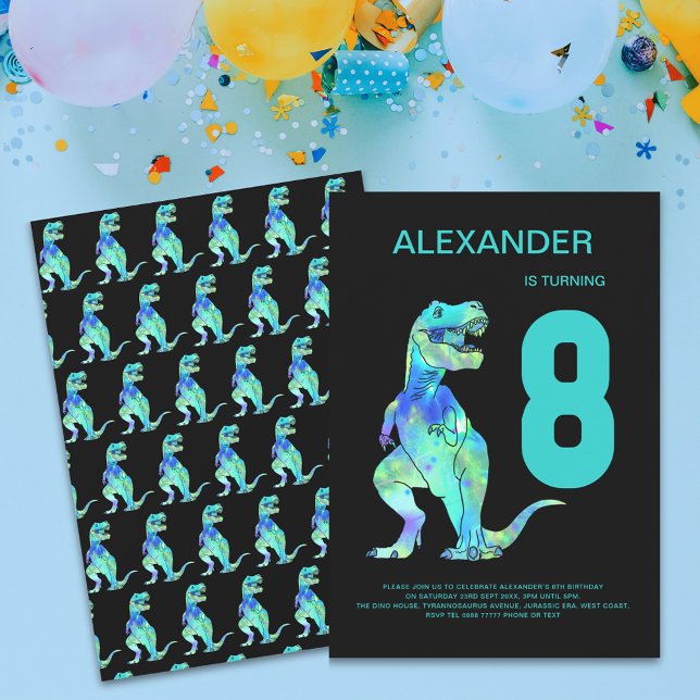 Convites Meninos T-Rex Dinossaur 8th Festa de aniversário B (Dino t-Rex boys 8th birthday party invitation colorful watercolor dinosaur teal green typography)