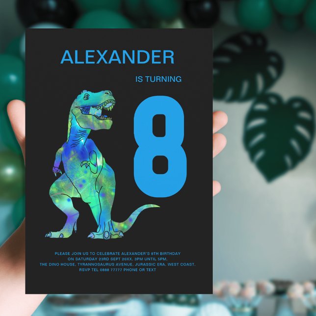 Convites Meninos T-Rex Dinossaur 8th Festa de aniversário B (T-Rex dino boys 8th birthday party invitation with colorful watercolor dinosaur blue typography )