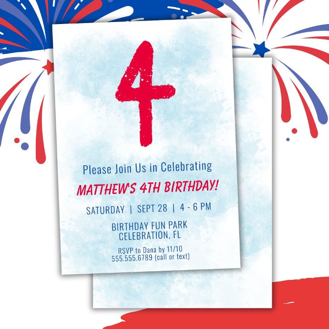 Convites Meninos Watercolor Crianças Azuis 4º Aniversário (Criador carregado)