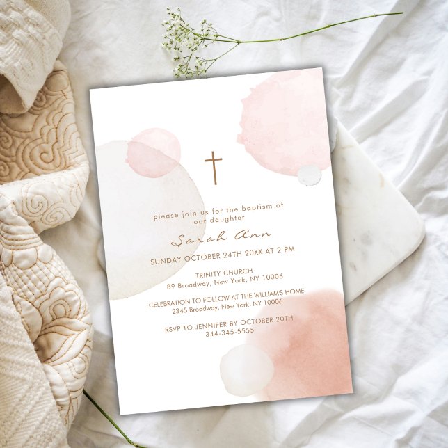 Convites Menor Aquarela Boho Dourado Baptismo (Minimal Watercolor Boho Gold Cross Baptism Invitation)