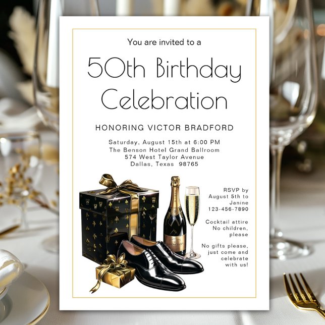 Convites Mens Black Dourado Formal Birday (Stylish black and gold men's any number birthday and celebration invitation. Simply add your details)