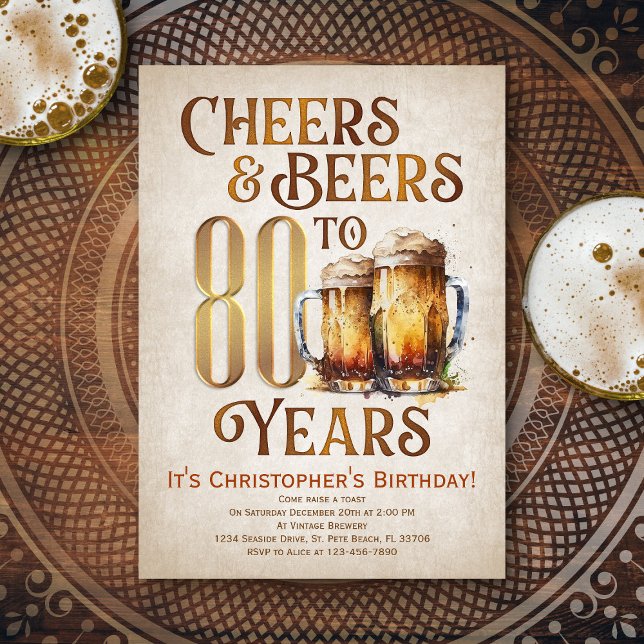 Convites Mens Cheers e Beers Engraçado 80 Aniversário (Criador carregado)