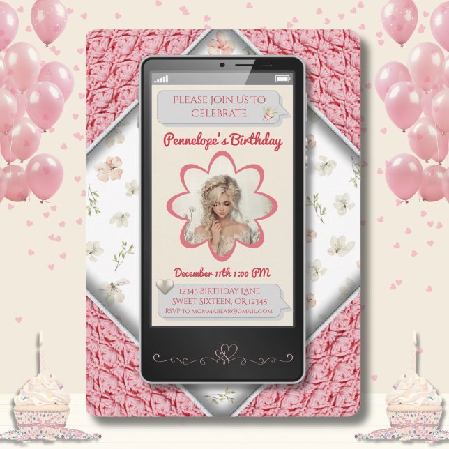 Convites Mensagem de Texto Floral Rosa Jovem de Aniversário (Youthful Pink Floral Text Message Birthday Invitation)