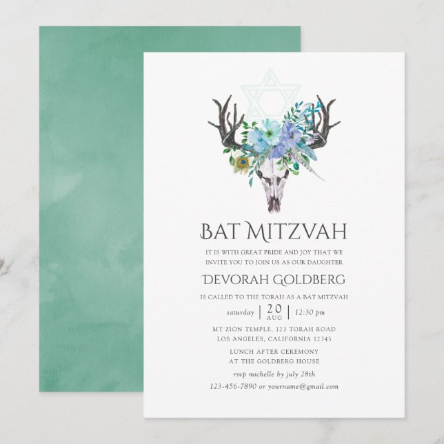 Convites Menta e Azul Aguarela Boho Floral Bat Mitzvah (Frente/Verso)