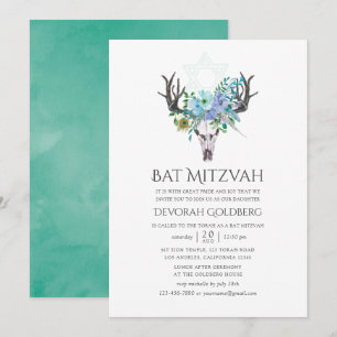 Convites Menta e Azul Aguarela Boho Floral Bat Mitzvah