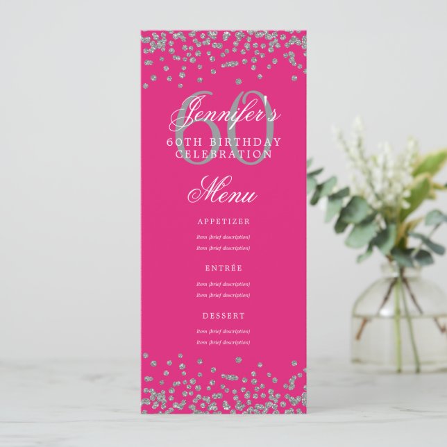 Convites Menu Aniversário 60 Silver Hot Pink Confetti (Em pé/Frente)