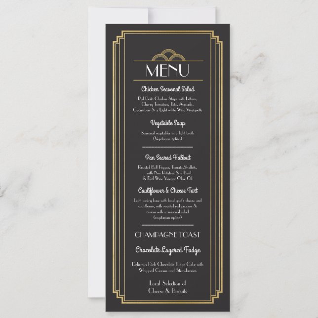 Convites Menu Art Deco Dourada Recepção de casamento Preta (Frente)