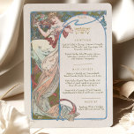 Convites Menu Art Nouveau Janto de casamento de Mucha<br><div class="desc">Adicione um toque de elegância e sofisticação à sua recepção de casamento com este Menu de Casamento Art Nouveau. O trabalho de arte de aquarela apresenta uma das musas de Mucha segurando um copo de champanhe, criando uma sensação de luxo e celebração. O estilo Art Nouveau é caracterizado por suas...</div>