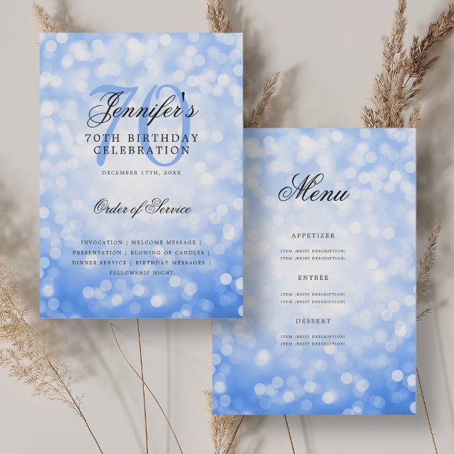 Convites Menu Blue Boketh do Programa de Aniversário do Ele ( 
Elegant 70th Birthday Program Navy Blue Bokeh Menu)