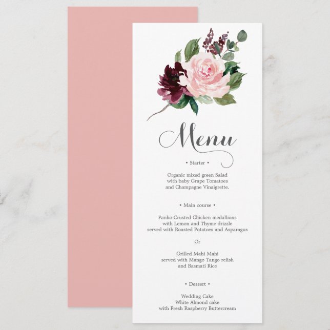 Convites Menu Blush Burgundy Weding ou Menu Chá de panela (Frente/Verso)