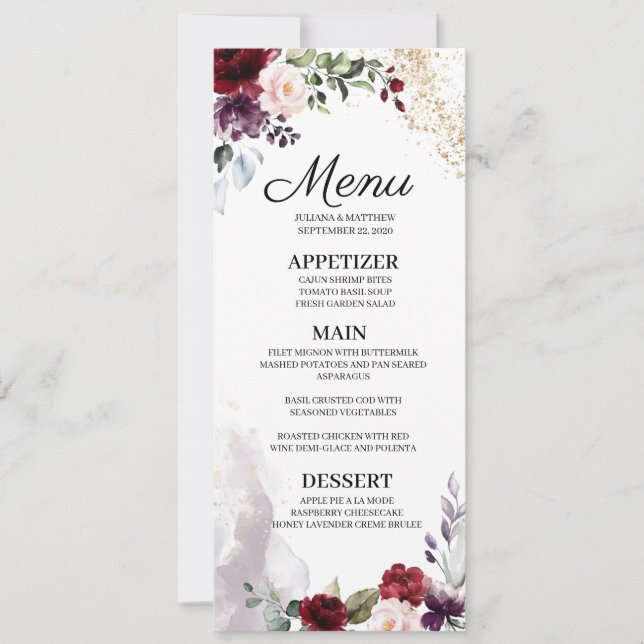 Convites Menu Burgundy Floral Wedding (Frente)
