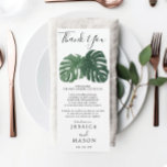 Convites Menu Casamento de Monstera Tropical e Obrigado<br><div class="desc">Mostre seu menu delicioso e obrigado na parte traseira dessas placas de lado duplo - tamanho perfeito para colocar em cada placa!</div>