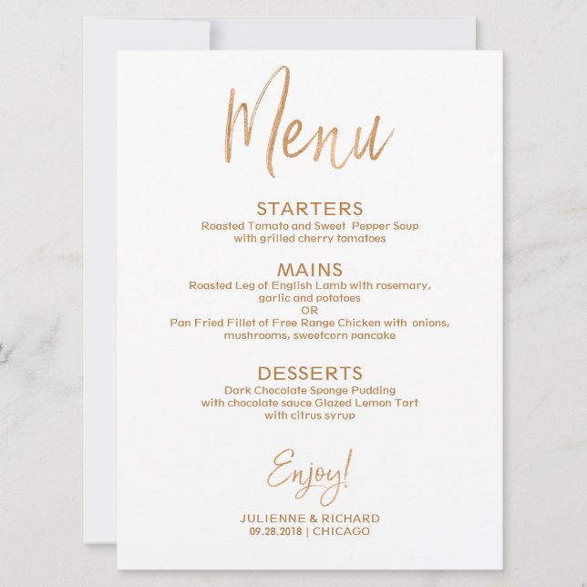 Convites Menu Casamento | Na moda Dourado Rosa com letra (Frente)