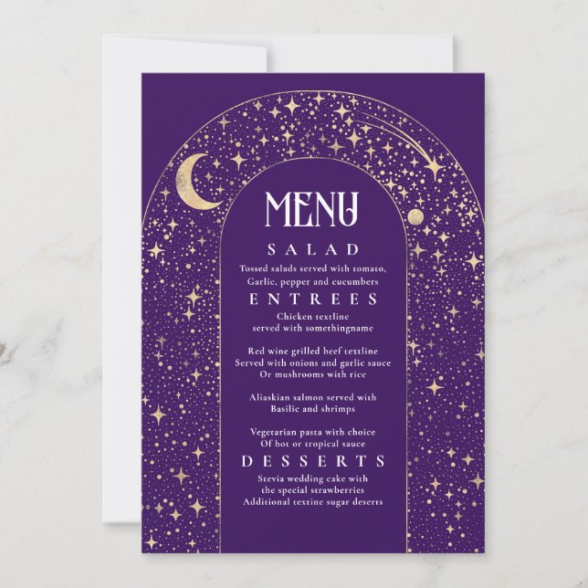 Convites Menu Casamento Púrpura das Estrelas Celestiais da  (Frente)